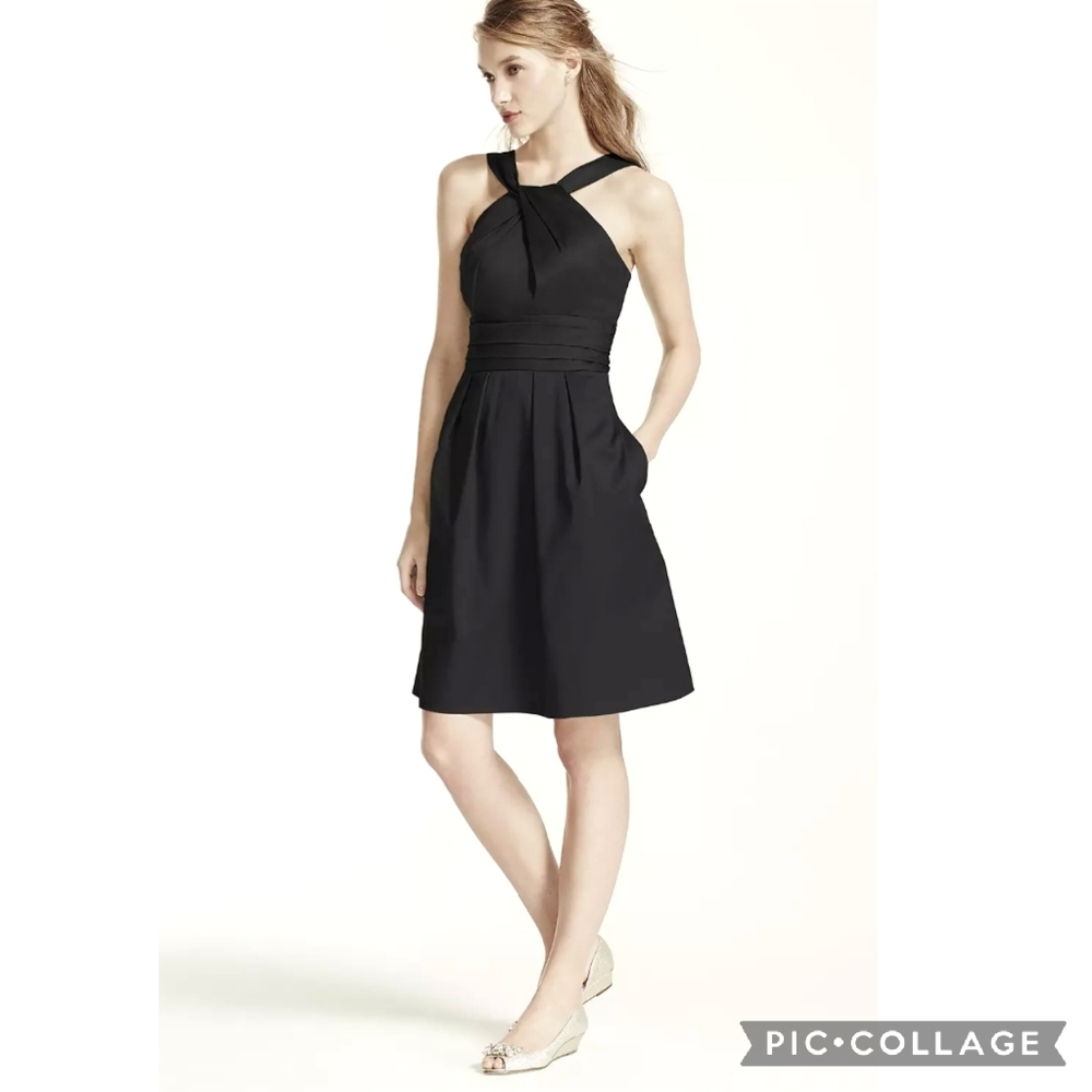 David's Bridal Womens Black Y-Neck Charm Short Formal Dress Pockets Size 8 Prom